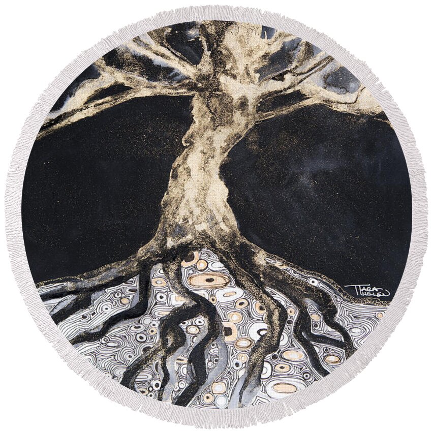 Abstract Round Beach Towel featuring the painting Growing Roots by Tara Thelen