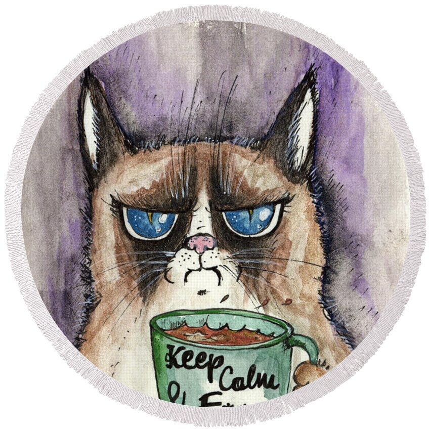 Cat Round Beach Towel featuring the painting Morning coffee #1 by Ang El