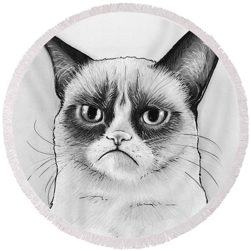 Grumpy Cat Round Beach Towel featuring the drawing Grumpy Cat Portrait by Olga Shvartsur
