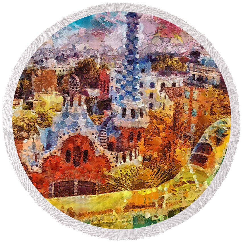 Guell Park Round Beach Towel featuring the painting Guell Park by Mo T