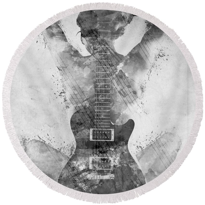 Guitar Round Beach Towel featuring the digital art Guitar Siren in Black and White by Nikki Smith