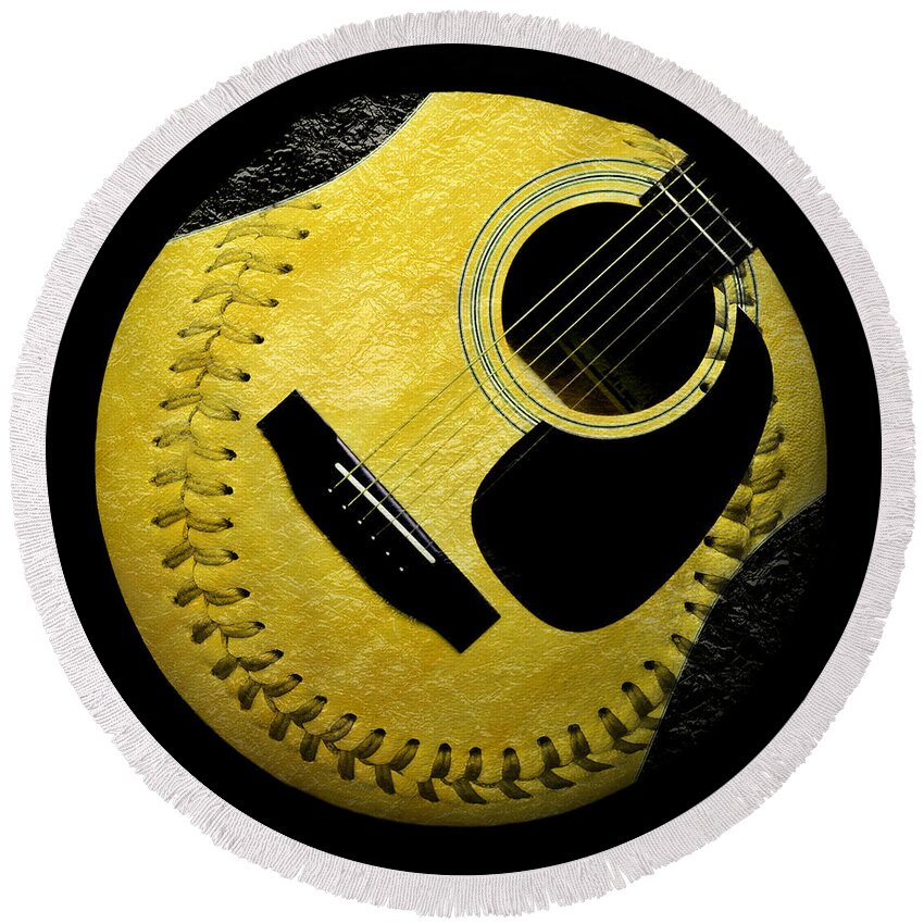 Baseball Round Beach Towel featuring the digital art Guitar Yellow Baseball Square by Andee Design