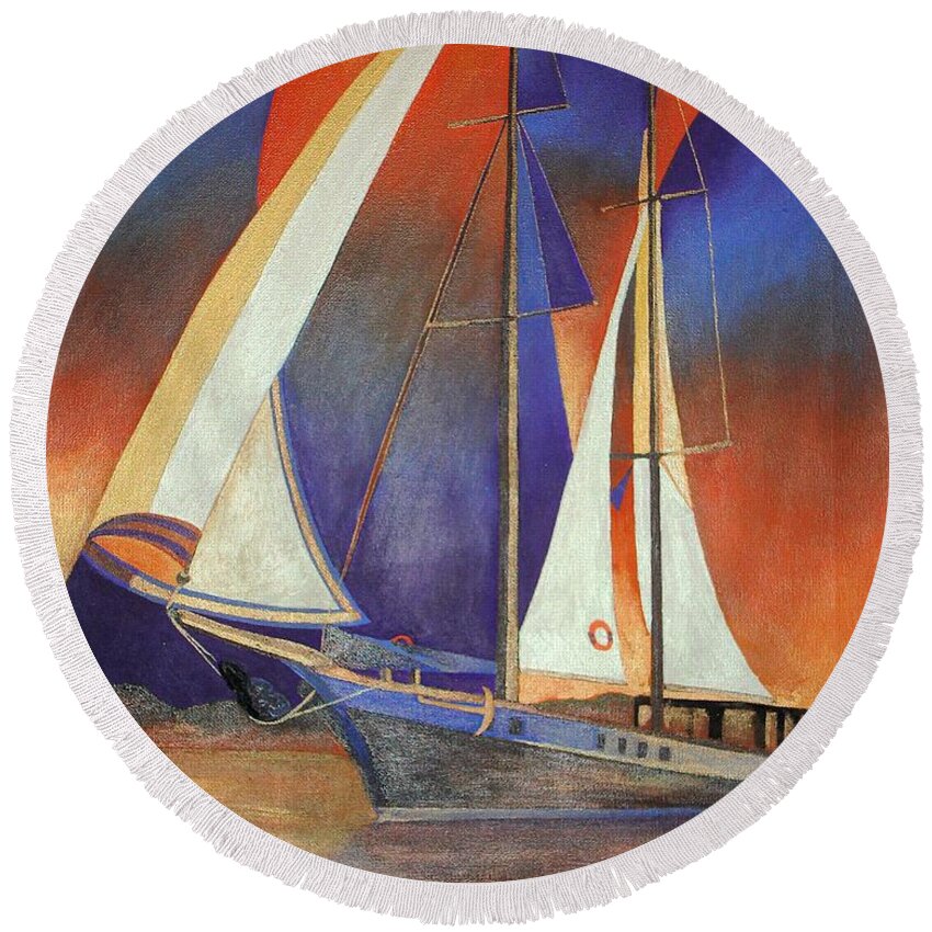 Blue Round Beach Towel featuring the painting Gulet Under Sail by Taiche Acrylic Art