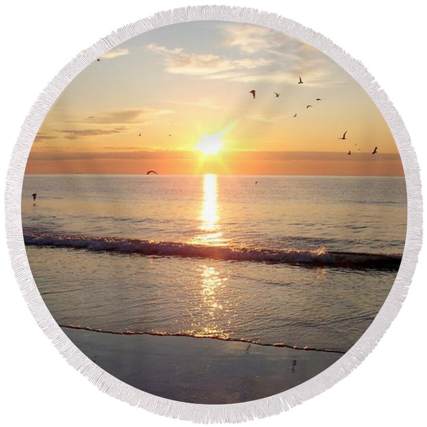 Seascape Round Beach Towel featuring the photograph Gulls Dance In The Warmth Of The New Day by Eunice Miller