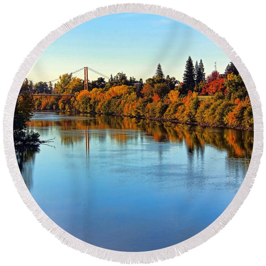 Guy West Round Beach Towel featuring the photograph Guy West Bridge Reflections by Randy Wehner