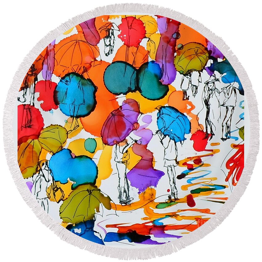 Hanging Out In The Rain 3 Round Beach Towel featuring the painting Hanging Out In The Rain 3 by Vicki Housel