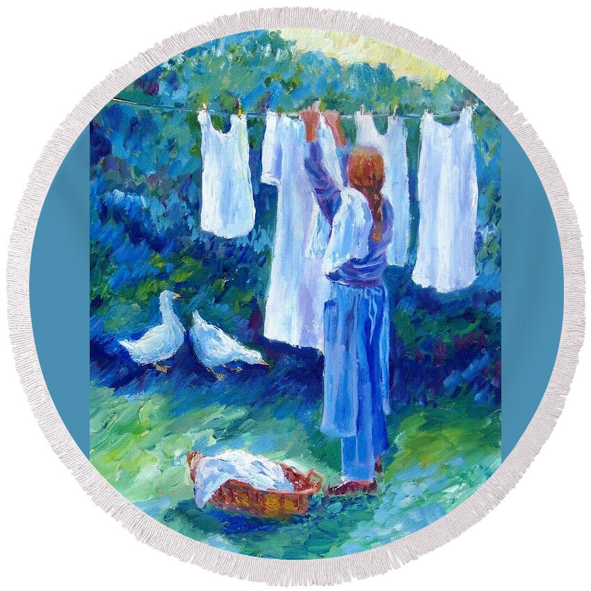 White Linen Round Beach Towel featuring the painting Hanging the Whites by Trudi Doyle