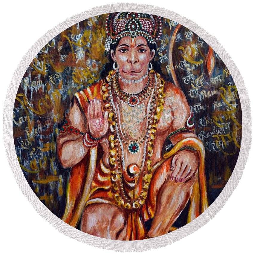 Hanuman Round Beach Towel featuring the painting Hanuman by Harsh Malik