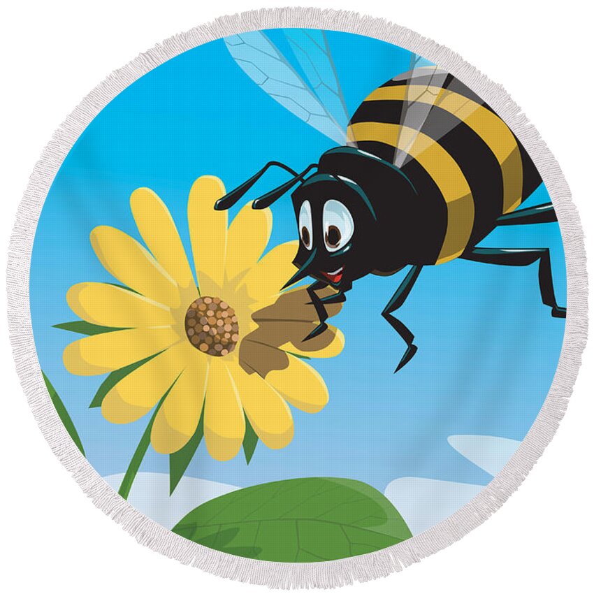 Bee Round Beach Towel featuring the digital art Happy cartoon bee with yellow flower by Martin Davey