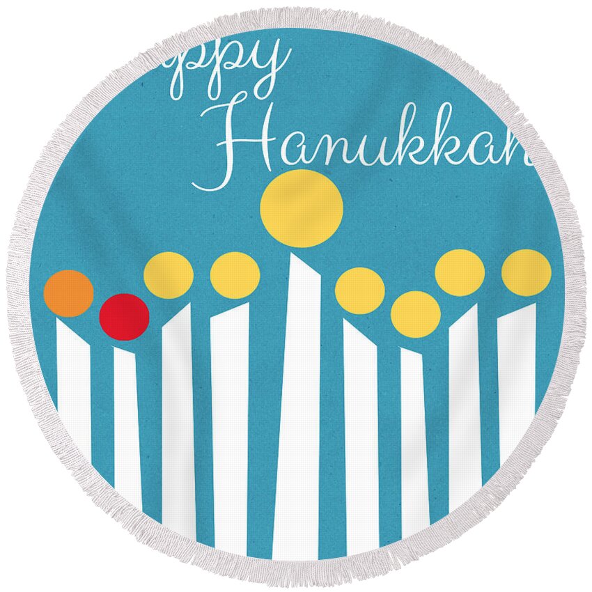 Menorah Round Beach Towel featuring the mixed media Happy Hanukkah Menorah Card by Linda Woods