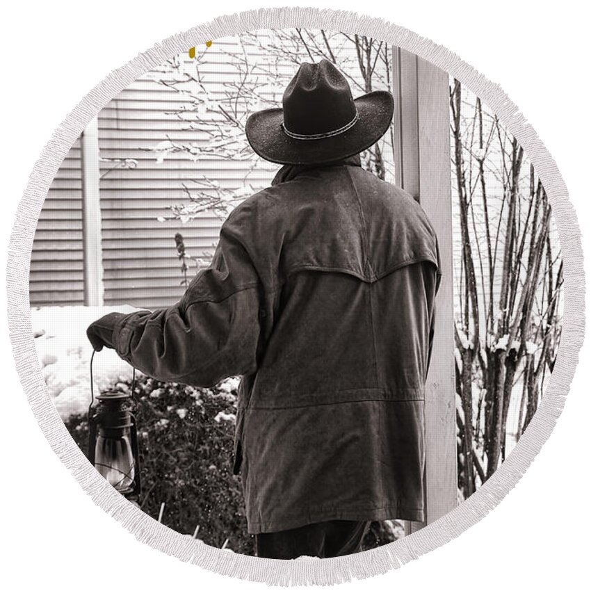 Happy Round Beach Towel featuring the photograph Happy Holidays Cowboy by Olivier Le Queinec