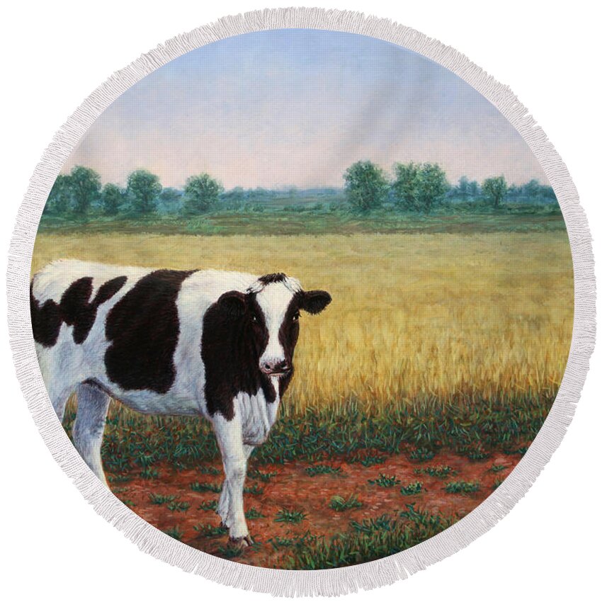 Happy Round Beach Towel featuring the painting Happy Holstein by James W Johnson