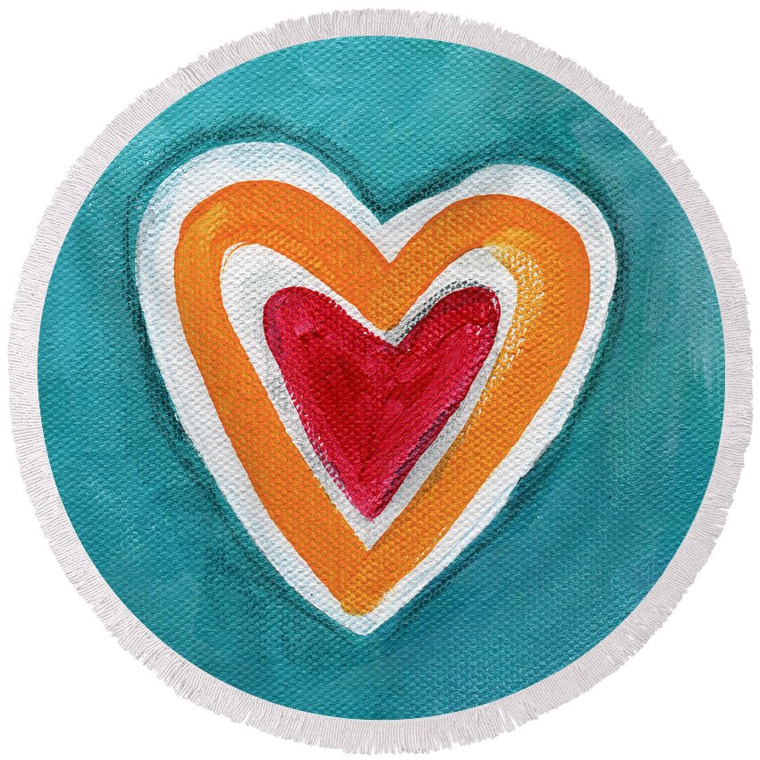 Love Hearts Romance Family Valentine Painting Heart Painting Blue Orange White Red Watercolor Ink Pop Art Bold Colors Bedroom Art Kitchen Art Living Room Art Gallery Wall Art Art For Interior Designers Hospitality Art Set Design Wedding Gift Art By Linda Woods Kids Room Art Dorm Room Pillow Round Beach Towel featuring the painting Happy Love by Linda Woods