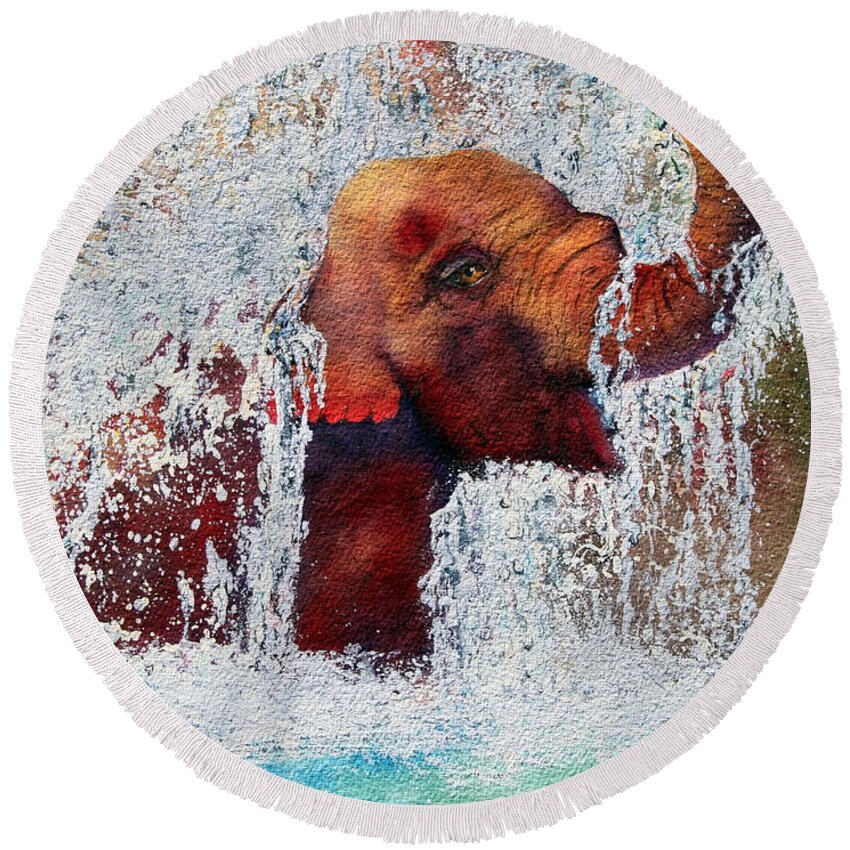 Elephant Round Beach Towel featuring the painting Happy Packy by Diane DeSavoy