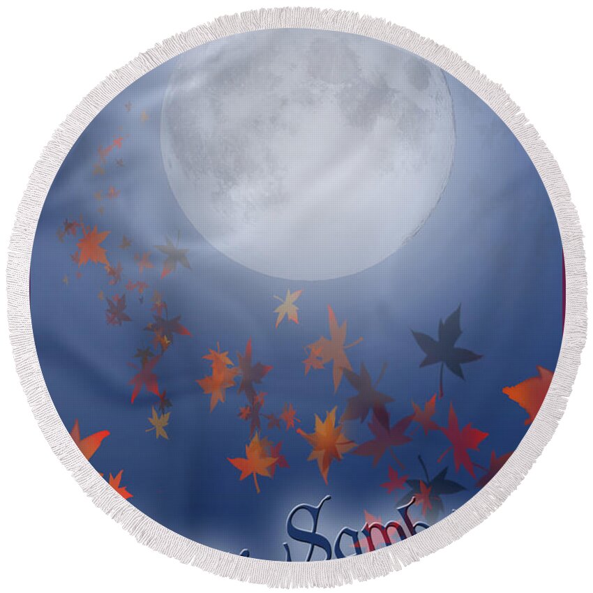 Autumn Round Beach Towel featuring the digital art Happy Samhain Moon and Veil by Melissa A Benson
