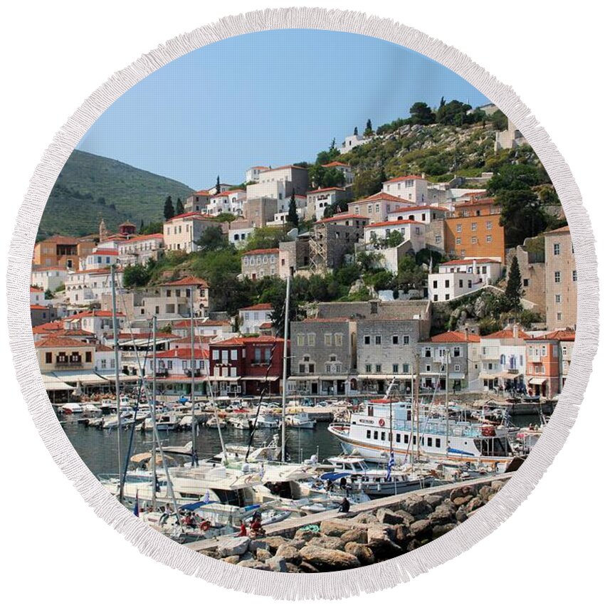3086 Round Beach Towel featuring the photograph Harbor of Hydra by Gordon Elwell