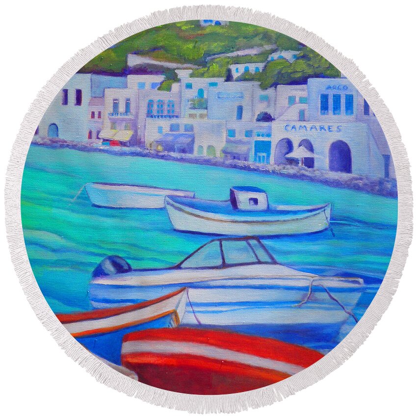 Sea Round Beach Towel featuring the painting Harborfront Mykonos by Kandy Cross