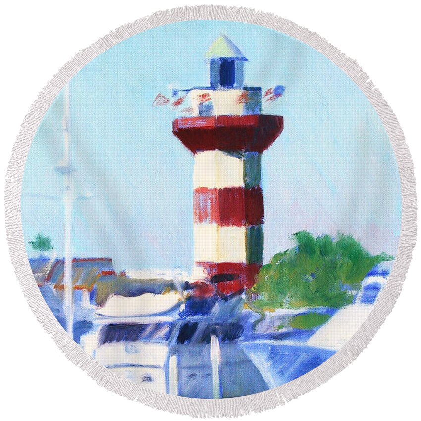Harbour Town Lighthouse Round Beach Towel featuring the painting Harbour Town Lighthouse by Candace Lovely