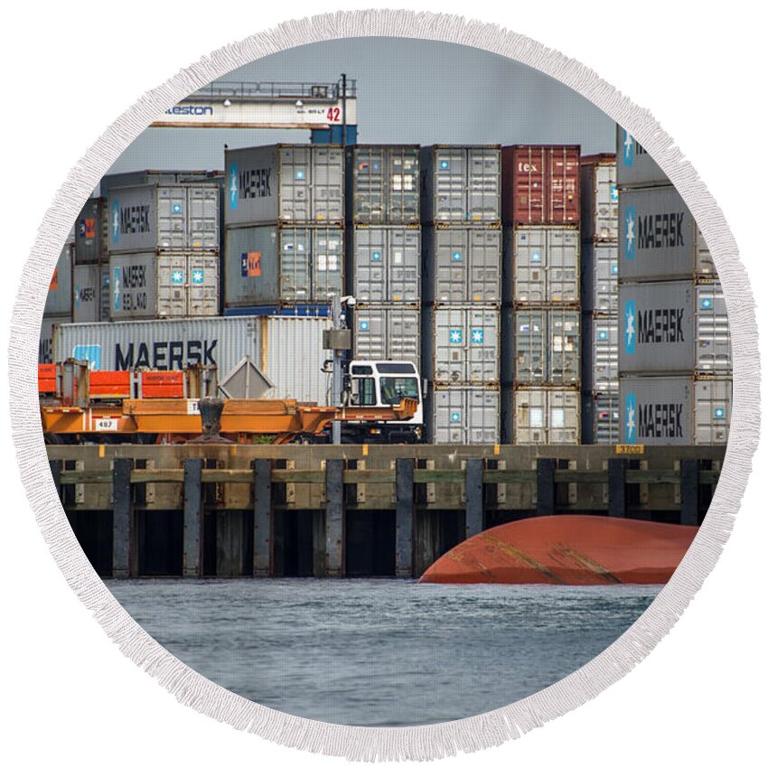 Port Of Charleston Round Beach Towel featuring the photograph Hard at Work by Dale Powell