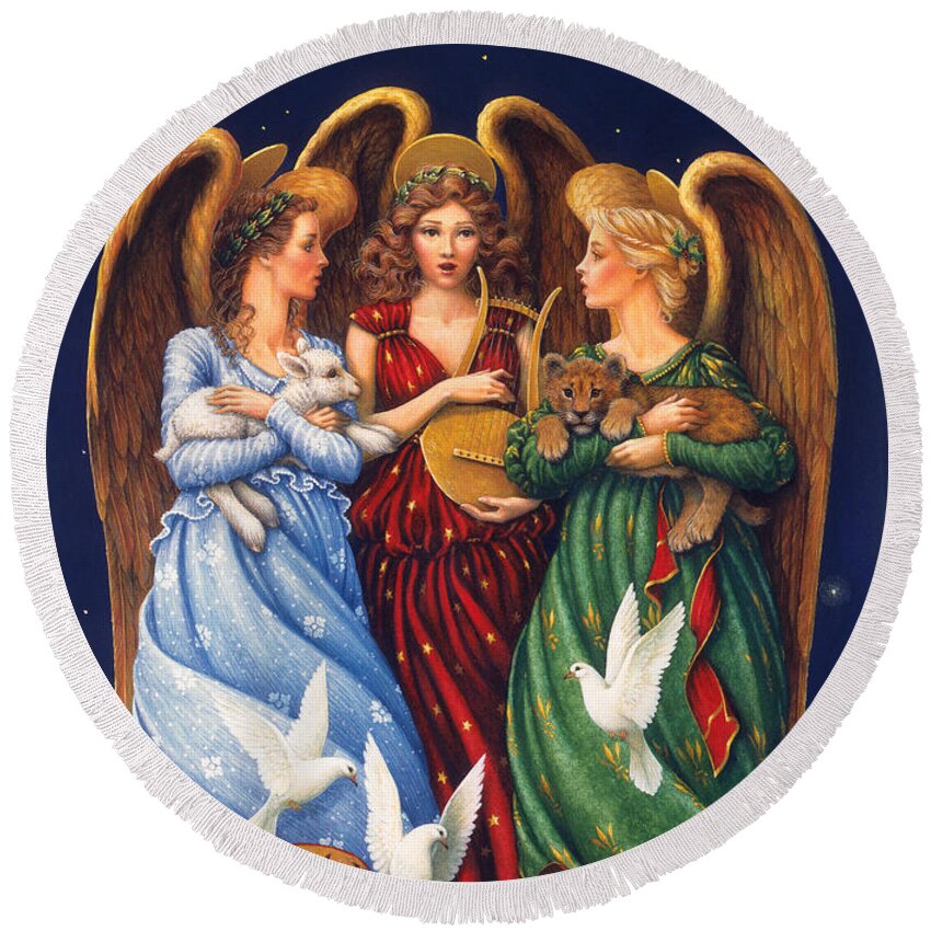 Angels Round Beach Towel featuring the painting Hark the Herald Angels Sing by Lynn Bywaters