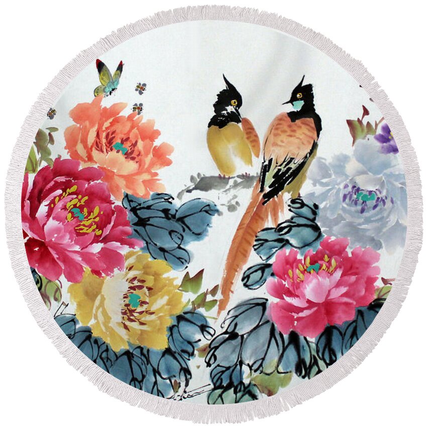 Red Peonies Round Beach Towel featuring the painting Harmony and Lasting Spring by Yufeng Wang