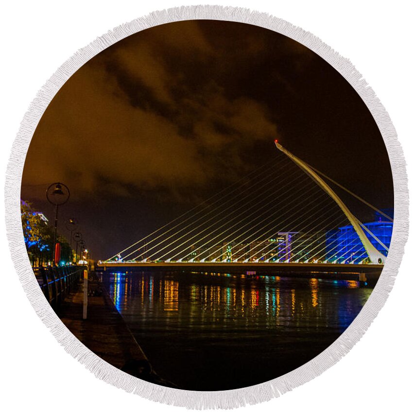 Samuel Beckett Bridge Dublin Ireland Round Beach Towel featuring the photograph Harp Bridge Dublin by Rob Hemphill