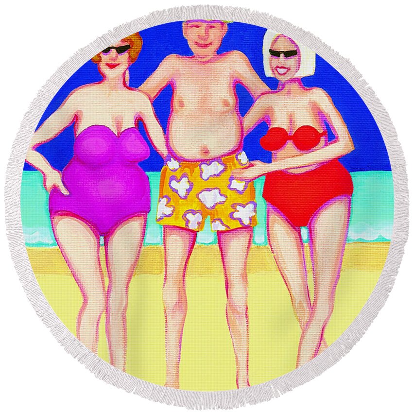 Funny Beach Round Beach Towel featuring the painting Funny Beach Women Man by Rebecca Korpita