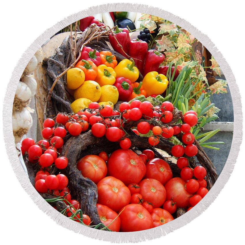 Tomatoes Peppers Onions Garlic Vegetables Fruits Harvest Red Yellow Greece Santorini Oia Farmers Market Round Beach Towel featuring the photograph Harvest Bounty by Brenda Salamone