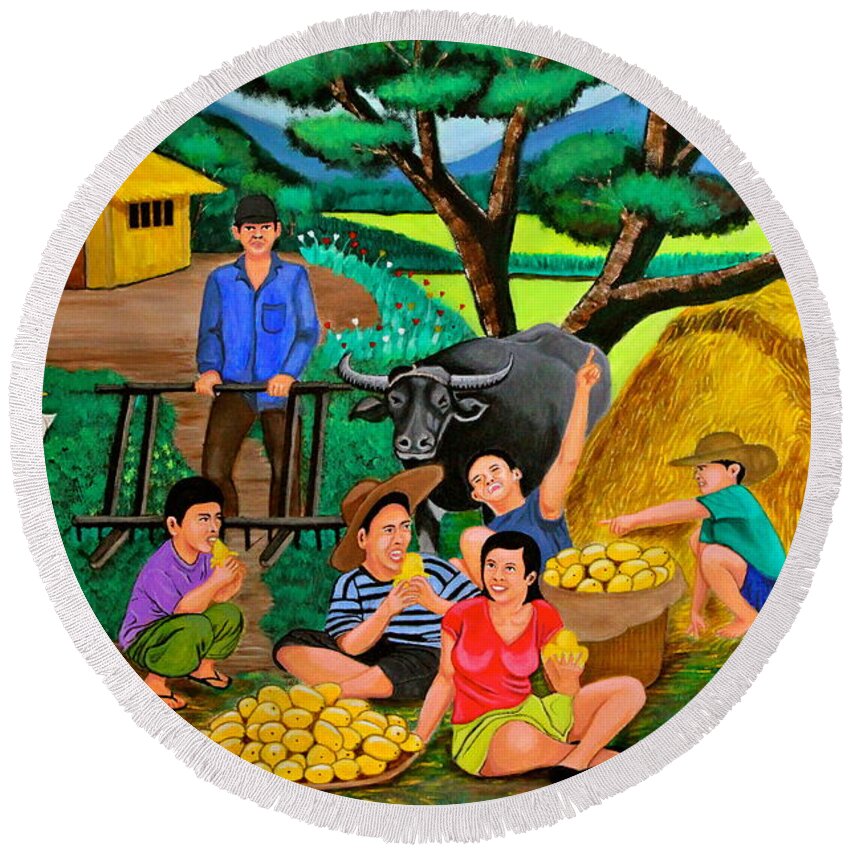 Landscape Round Beach Towel featuring the painting Harvest Time by Cyril Maza