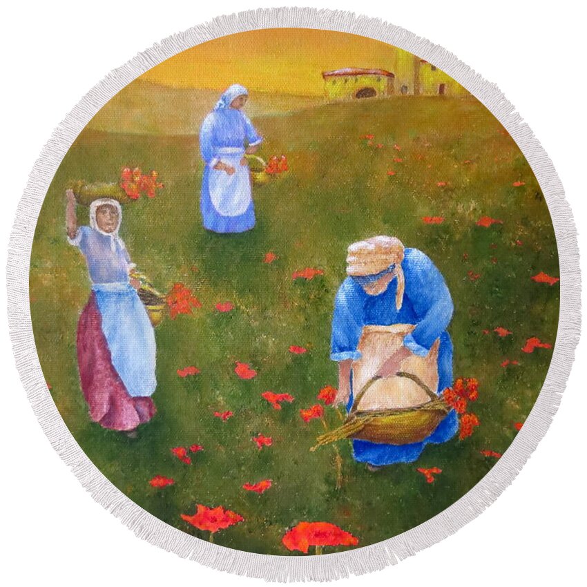 Pamela Allegretto Franz Round Beach Towel featuring the painting Harvesting Poppies In Tuscany by Pamela Allegretto