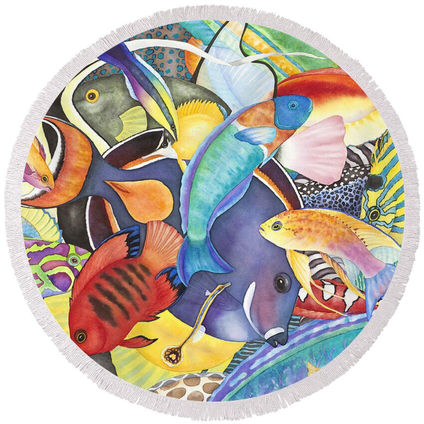 Animals Round Beach Towel featuring the painting Hawaiian Fishes All the Way Down by Lucy Arnold
