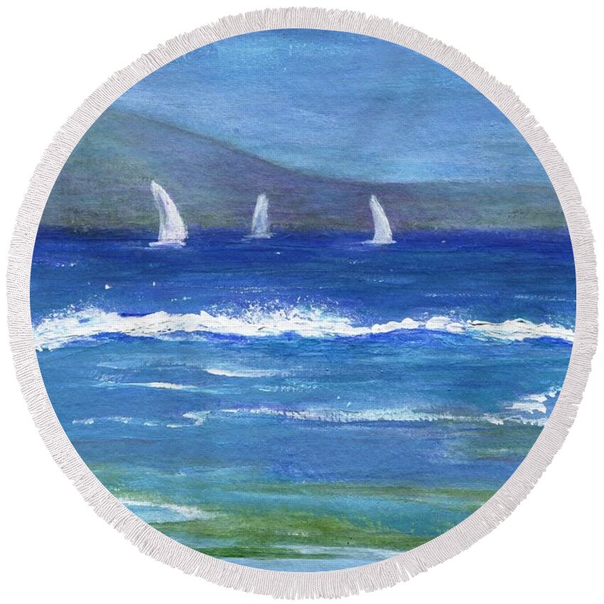 Sailboats Round Beach Towel featuring the painting Hawaiian Sail by Jamie Frier