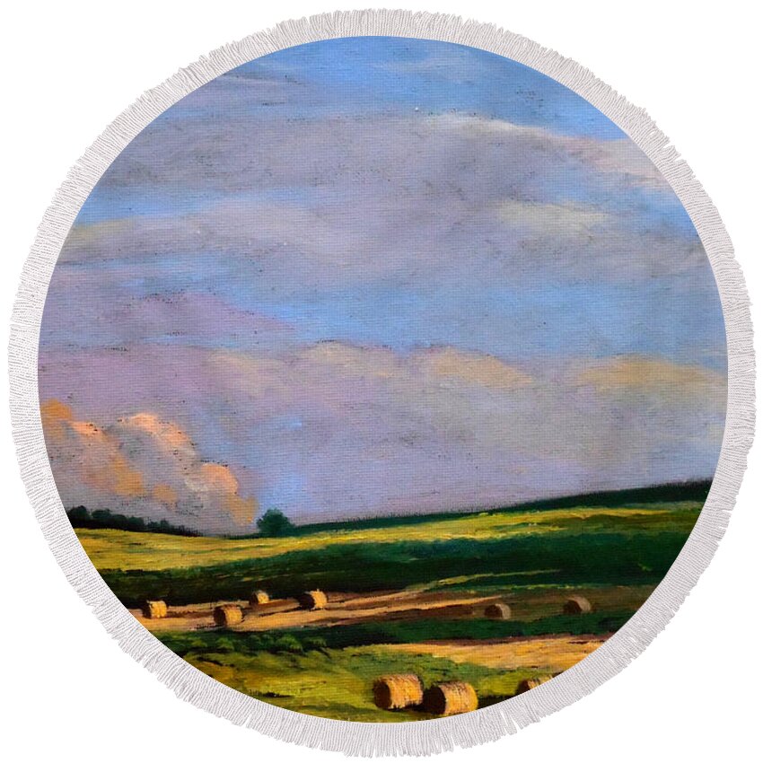 Farm Round Beach Towel featuring the painting Hay Rolls on the Farm in Westmoreland County Pennsylvania by Christopher Shellhammer