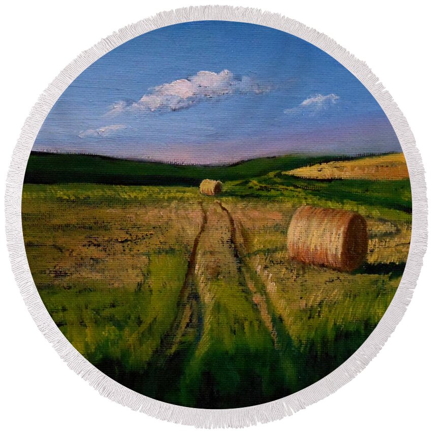 Farm Round Beach Towel featuring the painting Hay Rolls on the Field by Christopher Shellhammer