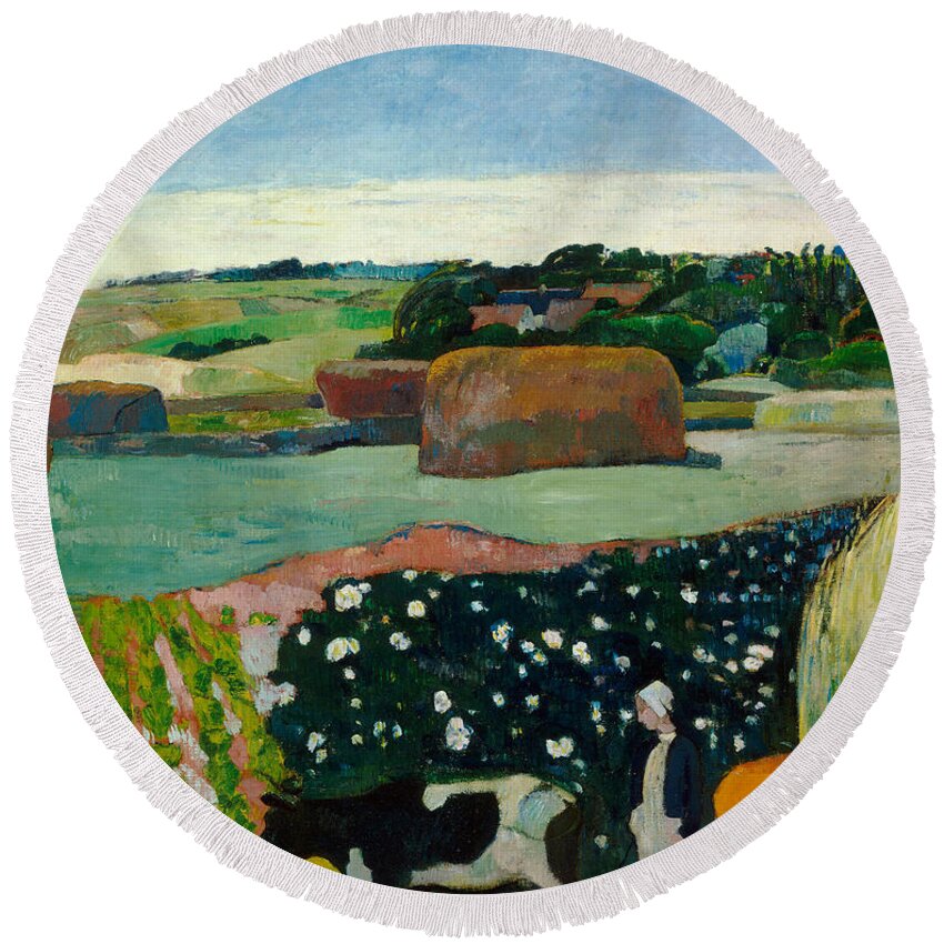Post-impressionist; France; Hay; Agriculture; Field Round Beach Towel featuring the painting Haystacks in Brittany by Paul Gaugin