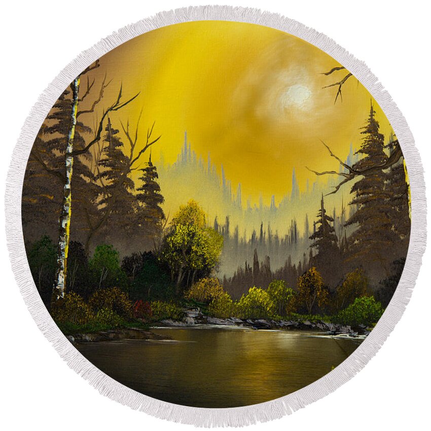 Landscape Round Beach Towel featuring the painting Sunset Glow by Chris Steele