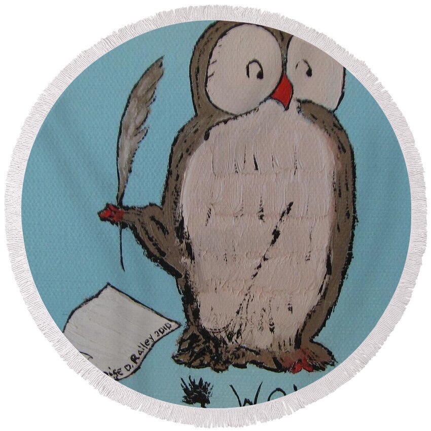 Classic Owl Round Beach Towel featuring the painting He Can Write And Read by Denise Railey