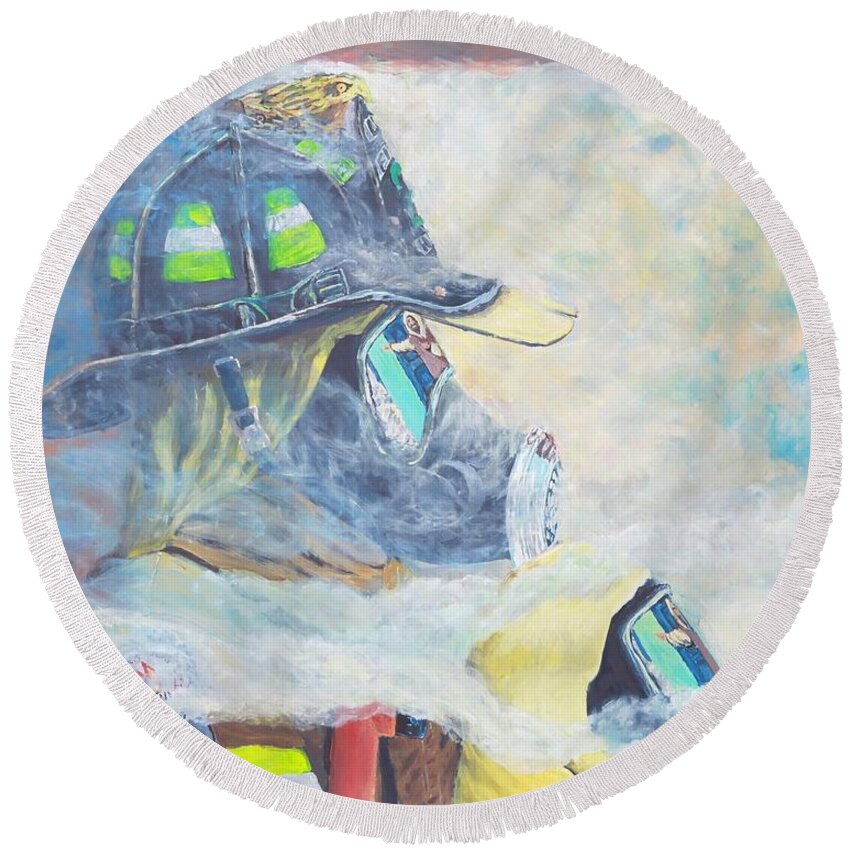 Fireman Round Beach Towel featuring the painting He is at the door by Carey MacDonald