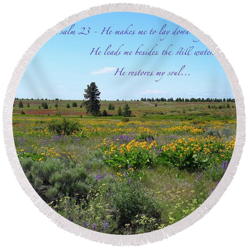Wildflowers Round Beach Towel featuring the photograph He restores my soul by Lynn Hopwood