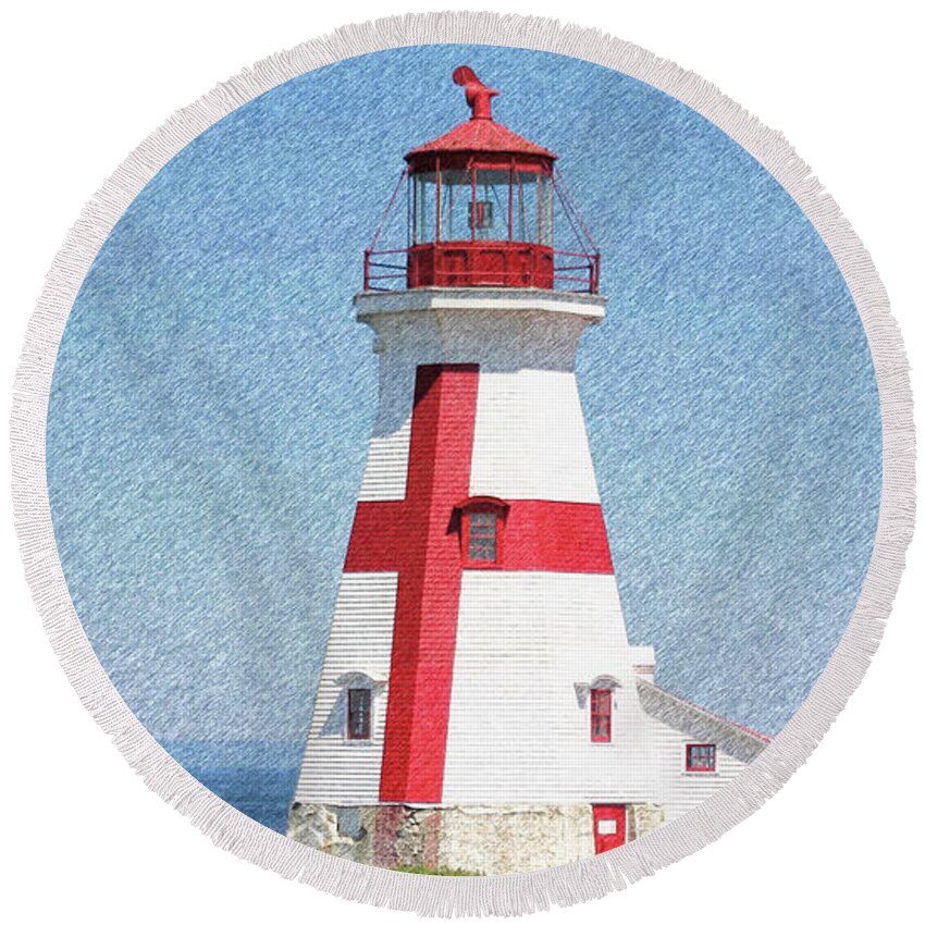 Light Round Beach Towel featuring the digital art Head Harbour Lighthouse Pencil Sketch by Art MacKay