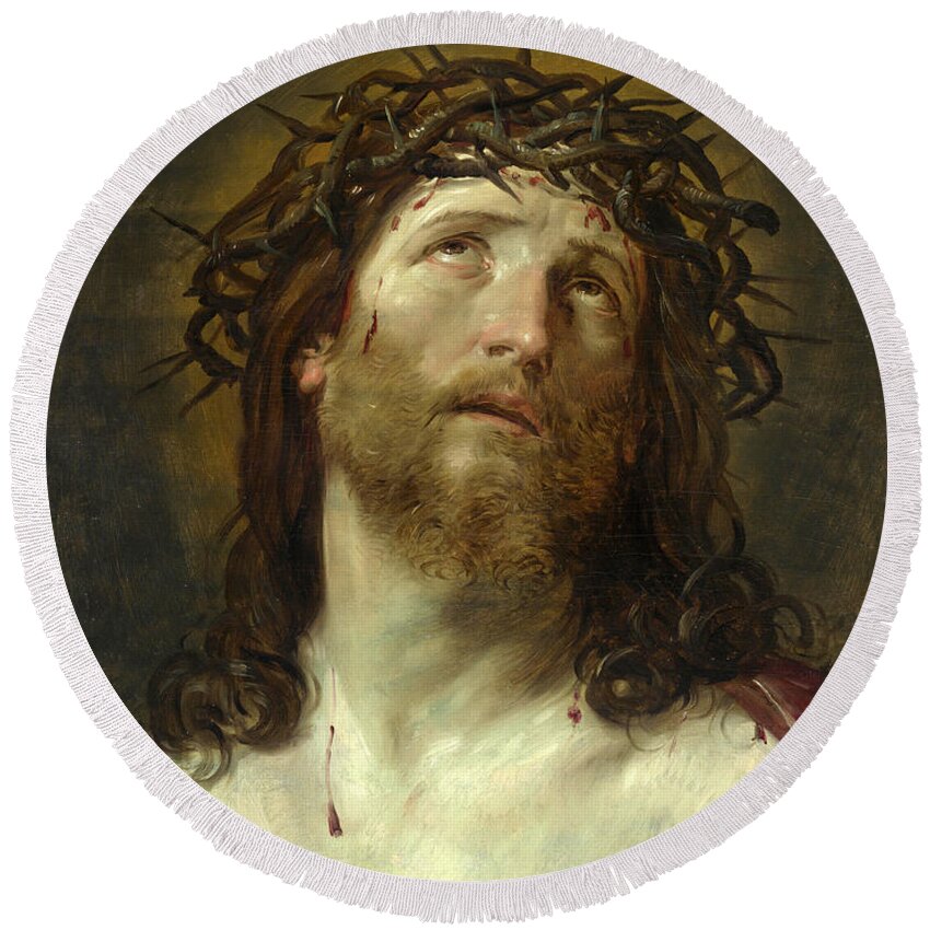 After Guido Reni Round Beach Towel featuring the painting Head of Christ Crowned with Thorns by After Guido Reni