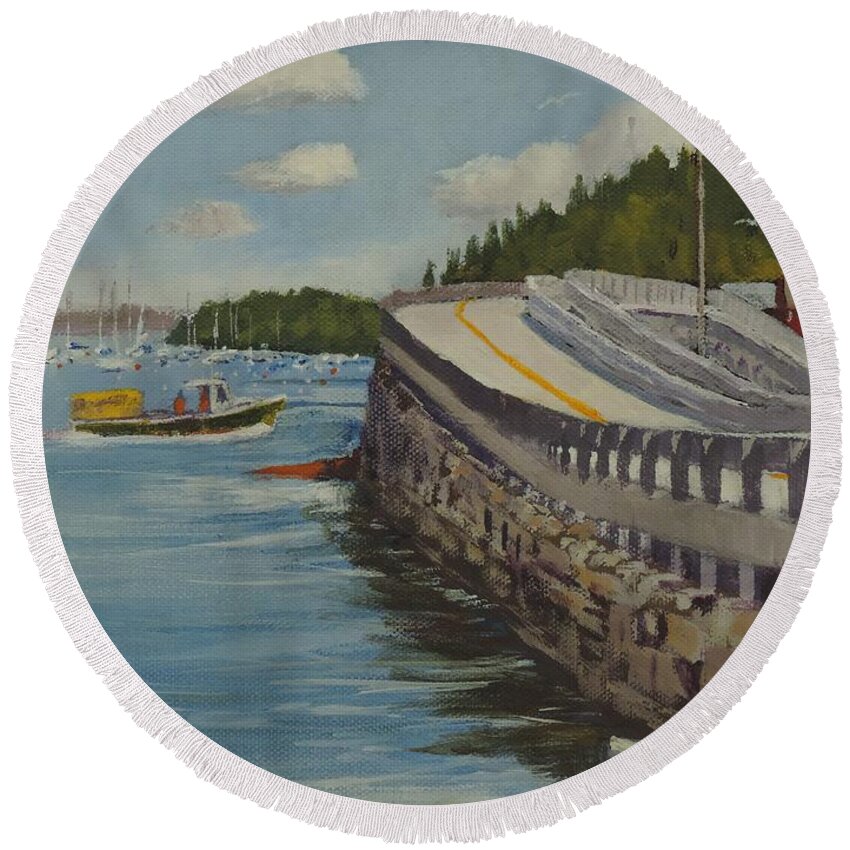 Art Round Beach Towel featuring the painting Heading Out Under the Cribstone Bridge by Bill Tomsa