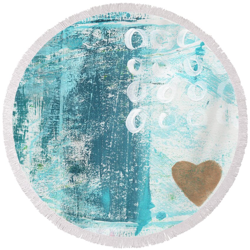 Abstract Art Round Beach Towel featuring the painting Heart in the Sand- abstract art by Linda Woods