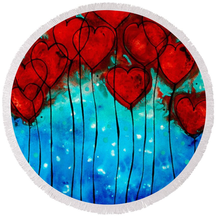 Red Round Beach Towel featuring the painting Hearts on Fire - Romantic Art By Sharon Cummings by Sharon Cummings