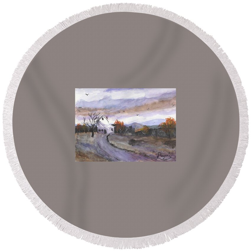 Watercolor Round Beach Towel featuring the painting Hebo Farmhouse by Chriss Pagani