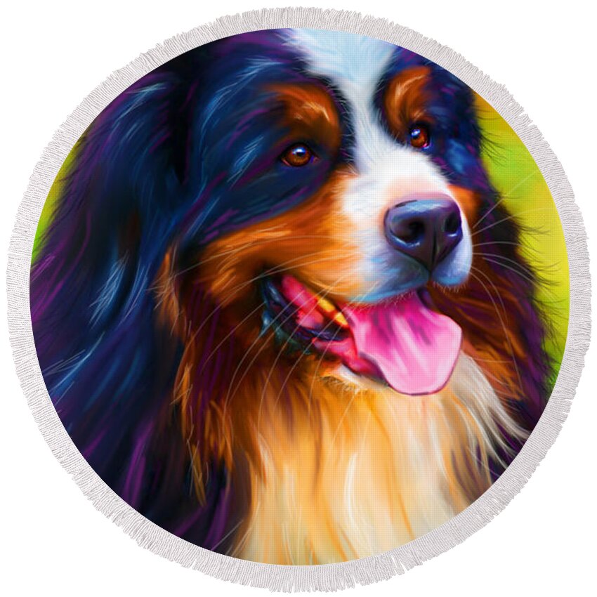 Bernese Mountain Dog Round Beach Towel featuring the painting Colorful Bernese Mountain Dog Painting by Michelle Wrighton
