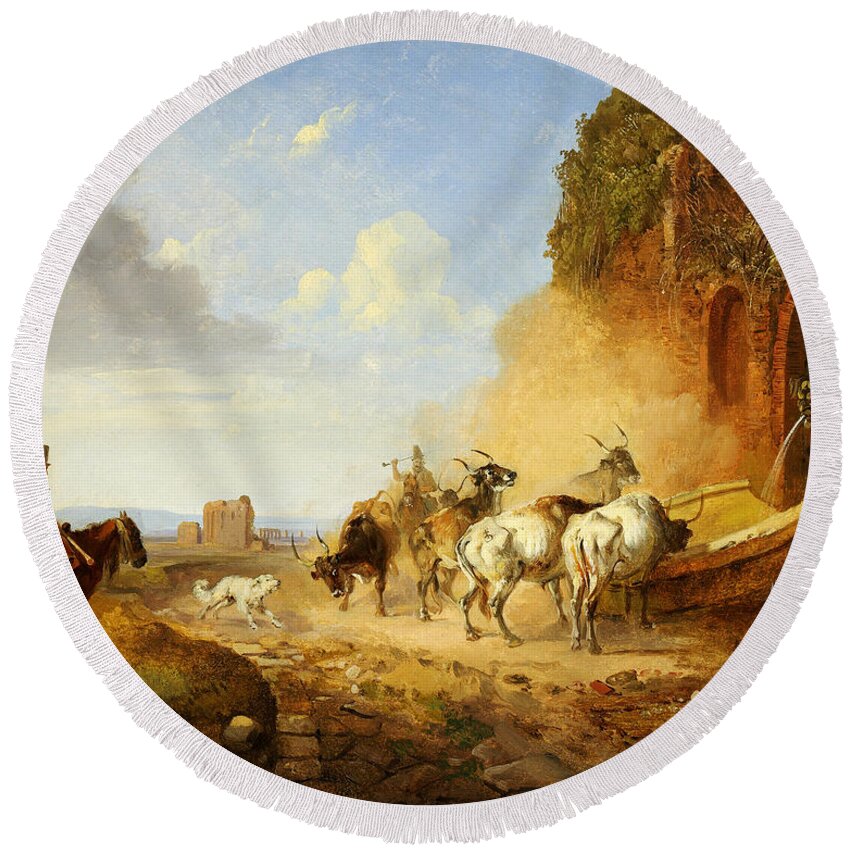 Heinrich Burkel Cattle Watering At A Fountain On The Via Appia A Tiqua Round Beach Towel featuring the painting Heinrich Burkel Cattle Watering at a Fountain on the Via Appia A tiqua by MotionAge Designs