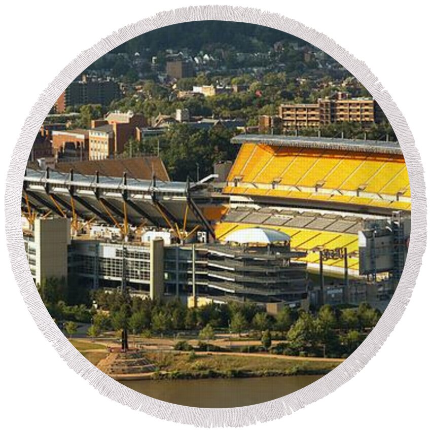 Heinz Field Round Beach Towel featuring the photograph Heinz And The Science Center by Adam Jewell