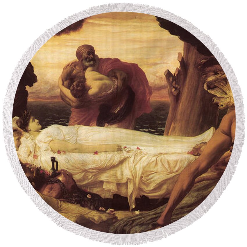 Hercules Wrestles With Death Round Beach Towel featuring the painting Hercules Wrestles with Death by Frederick Leighton