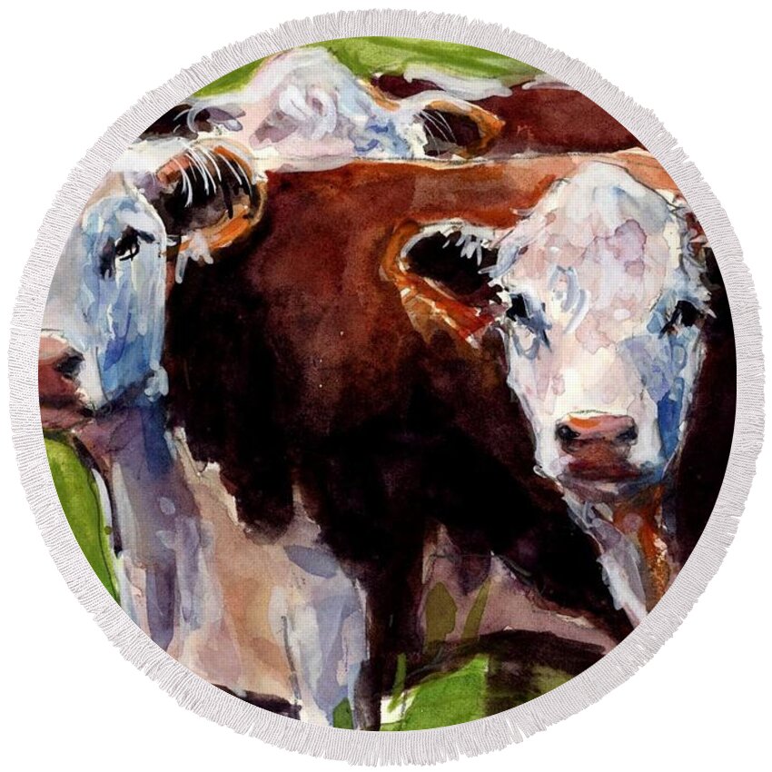 Hereford Cows Round Beach Towel featuring the painting Hereford Ears by Molly Poole